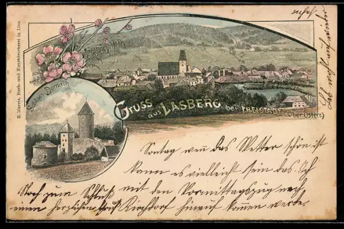 Künstler-AK Lasberg bei Freistadt, Schloss Dornach und Totalansicht