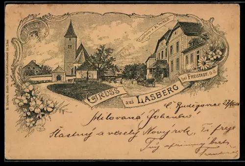 Künstler-AK Lasberg bei Freistadt, Gasthaus des K. Wald mit Kirche