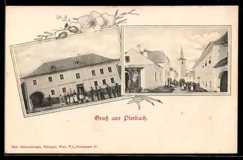AK Pierbach, Gasthaus von Ignaz Riegler, Ortspartie mit Kirche