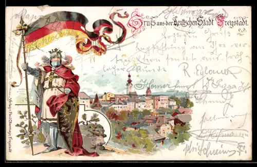 Lithographie Freystadt, Ortsansicht, Ritter mit deutscher Fahne