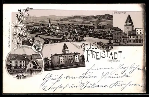 Lithographie Freistadt /Ober-Oesterr., Kloster D. N. D. und Frauenkirche, Schlosskaserne, Casernenthor, Ortsansicht