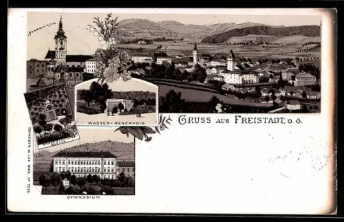Lithographie Freistadt /O. Ö., Gymnasium, Wasser-Reservoir, Pfarrkirche, Totalansicht