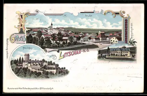 Lithographie Litschau /N. Ö., Altes Schloss, Neues Schloss, Ortsansicht mit Kirche