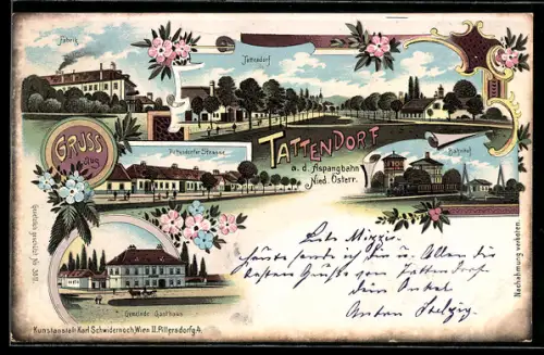 Lithographie Tattendorf a. d. Aspangbahn, Bahnhof, Pottendorfer Strasse, Gemeinde Gasthaus