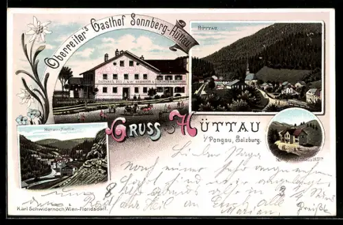 Lithographie Hüttau, Oberreiter`s Gasthof Sonnberg, Totalansicht