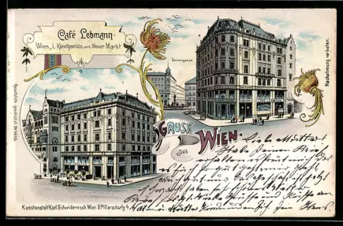 Lithographie Wien, Café Lebmann, Kärnthnerstrasse und Neue Markt, Donnergasse