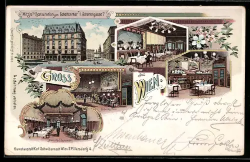 Lithographie Wien, Mitzko`s Restairant zum Schottenthor, Schottengasse 7, Schankzimmer