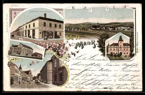Lithographie Mank, Wiletal's Warenhaus, Schule, Herrengasse, Ortsansicht