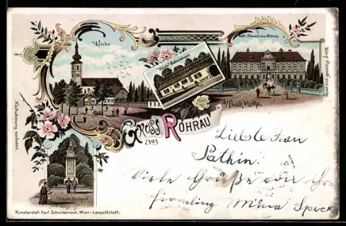 Lithographie Rohrau, Haydn Denkmal, Kirche, Gräfl. Harrach`sches Schloss
