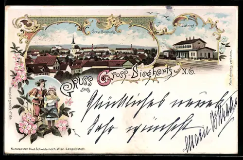 Lithographie Gross-Siegharts, Blick über die Dächer, Bahnhof, Blumen