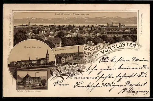 Lithographie Vorkloster, Wollgarnspinnerei v. Schöller, Ansicht v. d. Römerstrasse, Kloster Mehrerau