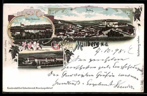 Lithographie Mailberg, Schloss-Rückansicht, Schloss des souv. Maltheser-Ordens, Totalansicht