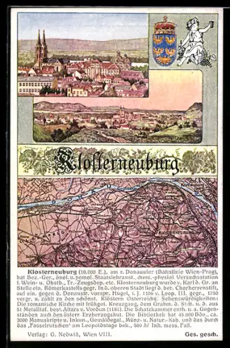 AK Klosterneuburg /Donau, Panorama mit Kirche, Landkarte
