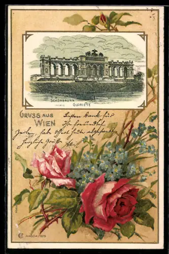 Lithographie Wien, Schönbrunn, Gloriette, Rosen und Vergissmeinnicht