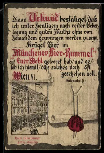 AK Wien, Hotel Münchenerhof, Bes. Franz Ansicher, Urkunde