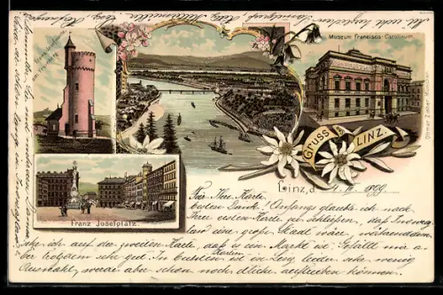 Lithographie Linz, Donauansicht mit Brücke, Museum Francisco-Carolinum und Franz Josefsplatz