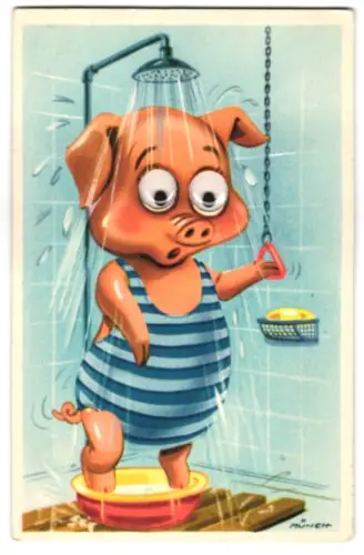 Glasaugen-AK Schweinchen im Badeanzug unter der Dusche