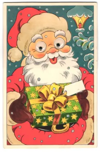 Glasaugen-AK Weihnachtsmann mit einem Geschenk in Händen