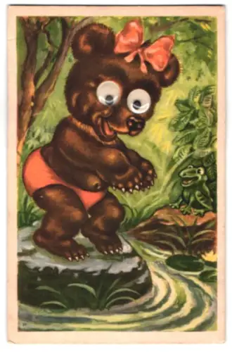 Glasaugen-AK Bär mit Schleife und Badehose vor dem Sprung ins Wasser