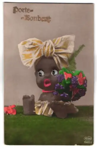 Glasaugen-AK Puppe mit Blumen und Schleife in den Haaren