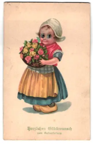 Glasaugen-AK Mädchen mit einem Korb voller Rosen