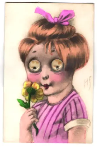 Glasaugen-AK Mädchen mit Schleife in den Haaren riecht an einer Blume