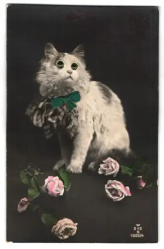 Glasaugen-AK Niedliche Katze mit Schleife und Rosen