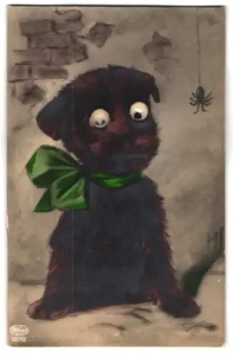 Glasaugen-AK Hund sitzt neben einer Spinne