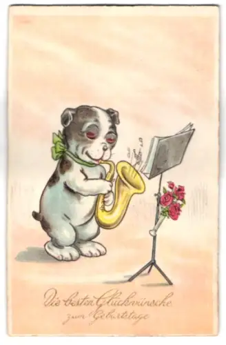 Glasaugen-AK Hund spielt Saxophon