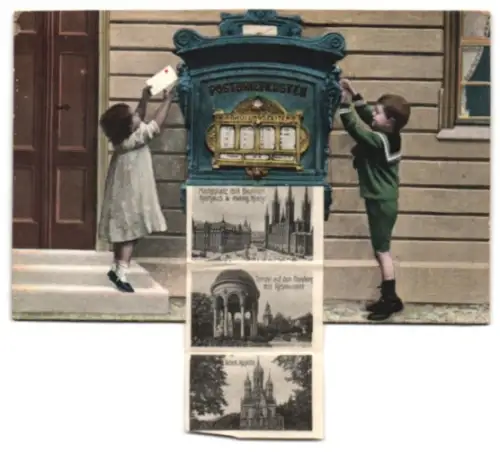 Leporello-AK Wiesbaden, Kinder am Briefkasten, Wilhelmstrasse, Marktplatz mit Brunnen, Griech. Kapelle