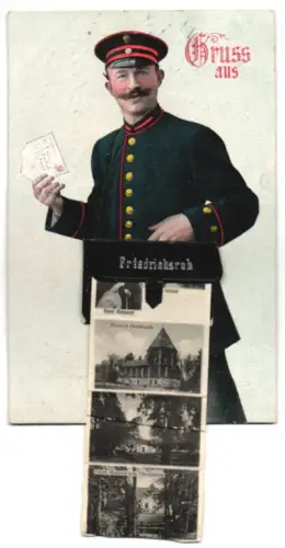 Leporello-AK Friedrichsruh, Postbote, Schloss mit historischem Balkon, Bismarck Gruft-Kapelle