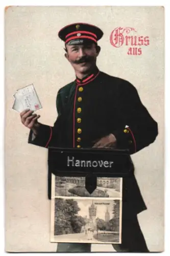 Leporello-AK Hannover, Briefträger, Neues Rathaus, Residenzschloss, Herrenhäuser Allee