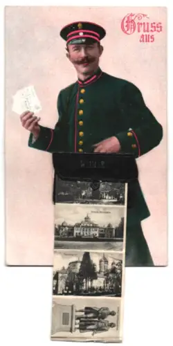 Leporello-AK Weimar, Briefträger mit Ansichten von Museum, Hoftheater, Fürstengruft