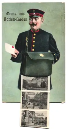 Leporello-AK Baden-Baden, Briefträger, Altes Schloss, Landesbad, Josefinenbrunnen