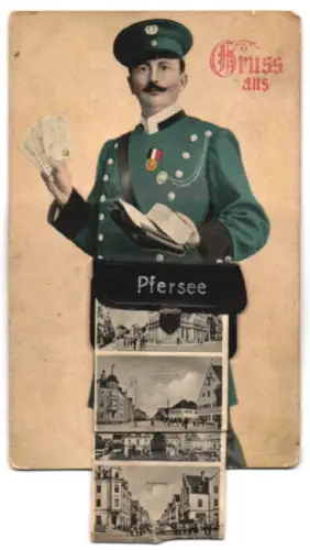 Leporello-AK Pfersee, Briefträger, Augsburgerstrasse, Blick vom Kirchturm gegen Norden
