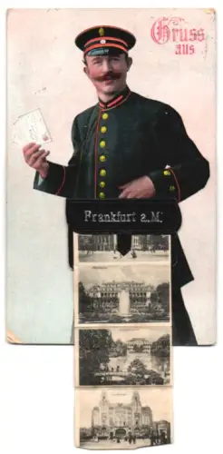 Leporello-AK Frankfurt a. M., Postbote, Hauptbahnhof mit Strassenbahn, Schauspielhaus, Zoologischer Garten