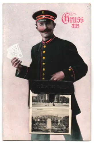 Leporello-AK Frankfurt a. M., Postbote mit Ansichten von Hauptbahnhof mit Strassenbahn, Opernhaus, Römer
