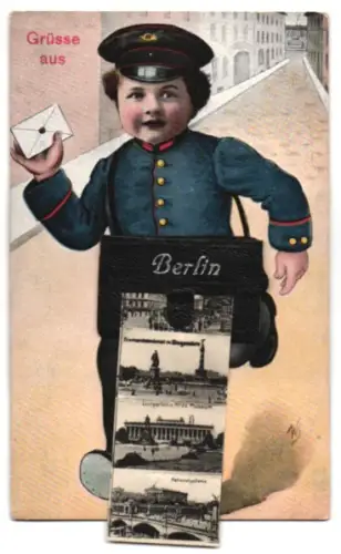 Leporello-AK Berlin-Tiergarten, Briefträger, Dom, Bismarckdenkmal, Siegessäule