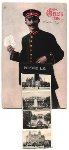 Leporello-AK Frankfurt /Main, Briefträger mit Ansichten von Festhalle, Römer, Schauspielhaus