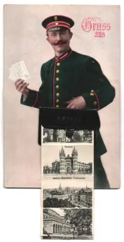 Leporello-AK Aachen, Briefträger, Hauptpost, Theater, Kaserne