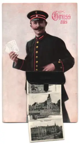 Leporello-AK Leipzig, Briefträger, Neues Theater, Reichsgericht, Neues Rathaus