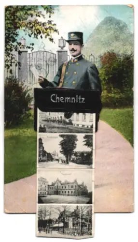 Leporello-AK Chemnitz, Briefträger, Hauptbahnhof, Schlossteich, Hauptpostamt