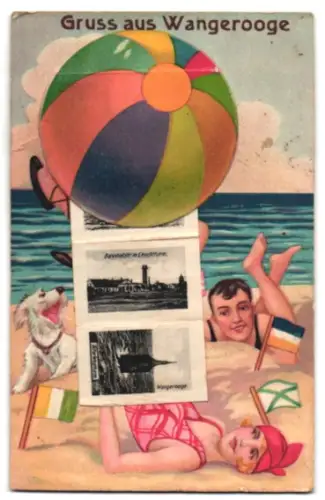 Leporello-AK Wangerooge, Zedeliusstrasse, Strandpromenade, Bahnhofstrasse mit Leuchtturm, Familienbad