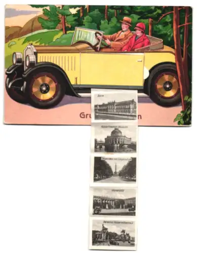 Leporello-AK Berlin, Auto mit Ansichten von Nationalgalerie, Börse, Universität, Reichstag, Siegesallee mit Siegessäule