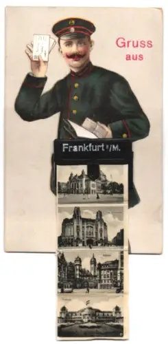 Leporello-AK Frankfurt a. M., Briefträger mit Ansichten von Hauptbahnhof, Oper, Circus Schumann, Festhalle, Rathaus