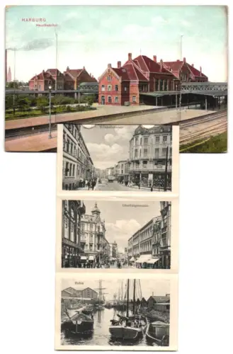 Leporello-AK Harburg, Hauptbahnhof, Lüneburgerstrasse, Heinrichstrasse, Wilsdorferstrasse, Konzert vor dem Rathaus