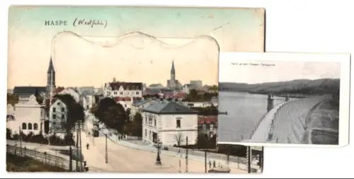 Leporello-AK Haspe, Bahnhof, Eisen- und Stahlwerk, Realschule und Turnhalle, Gut Harkorten, Talsperre