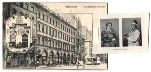 Leporello-AK München, Pschorrbräubierhallen, Münchner Kindl, Innenansicht, Wandgemälde, Altmünchner Wirtsleute