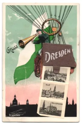 Leporello-AK Dresden, Heissluftballon mit Ansichten von Postplatz, Ausstellungspalast, Kgl. Opernhaus, Altmarkt