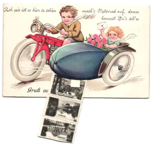 Leporello-AK Wiesbaden, Motorrad mit Ansichten von Kurhaus, Wilhelmstrasse, Museum, Staatstheater, Römertor